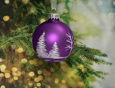 Snow covered trees painted on amethyst purple matte glass ornaments, glass Christmas keepsake ornaments, gift box optional - image3